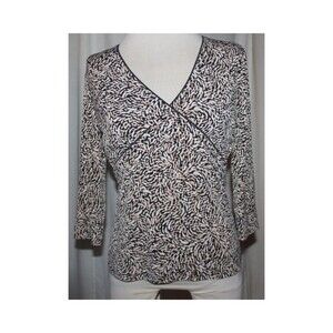 Dressbarn Tan & Black Low-V 3/4 Sleeve Stretch Top Size Small